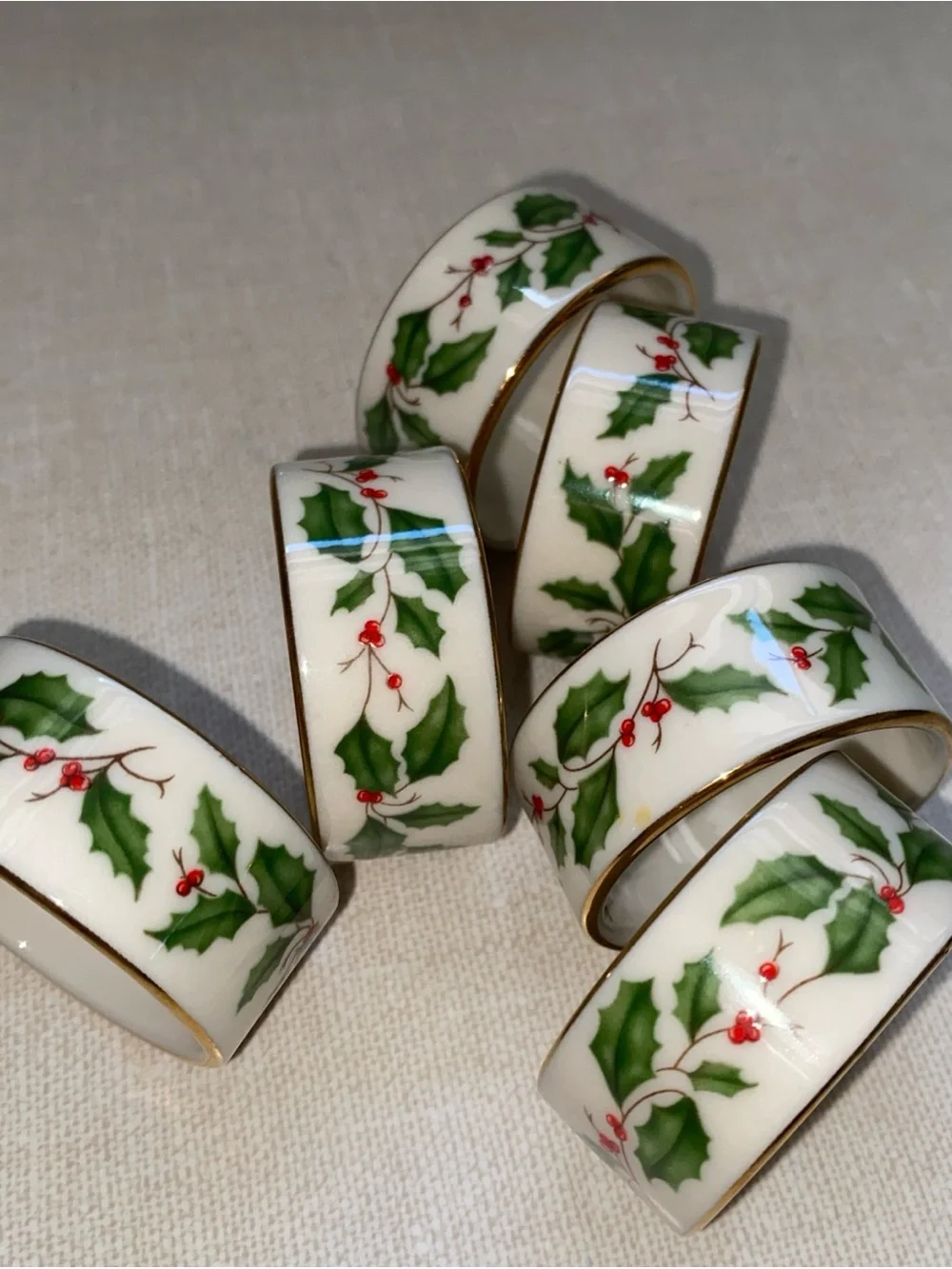 Lenox Holiday Holly Berries Napkin Rings Holders Set Of 6 Gold Trim Vintage